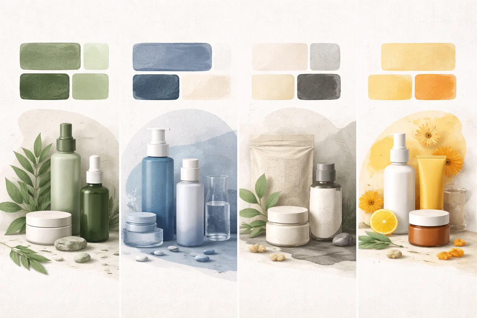 Palette de couleurs naturelles pour marque de bien-être : vert sauge, bleu ardoise, touches d'orange