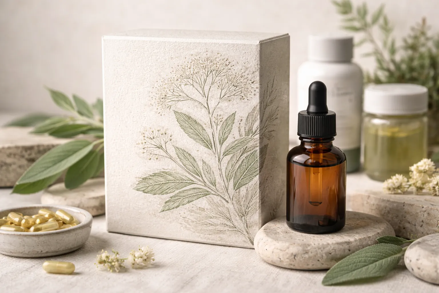 Texture papier gaufré et illustration botanique pour packaging cosmétique premium